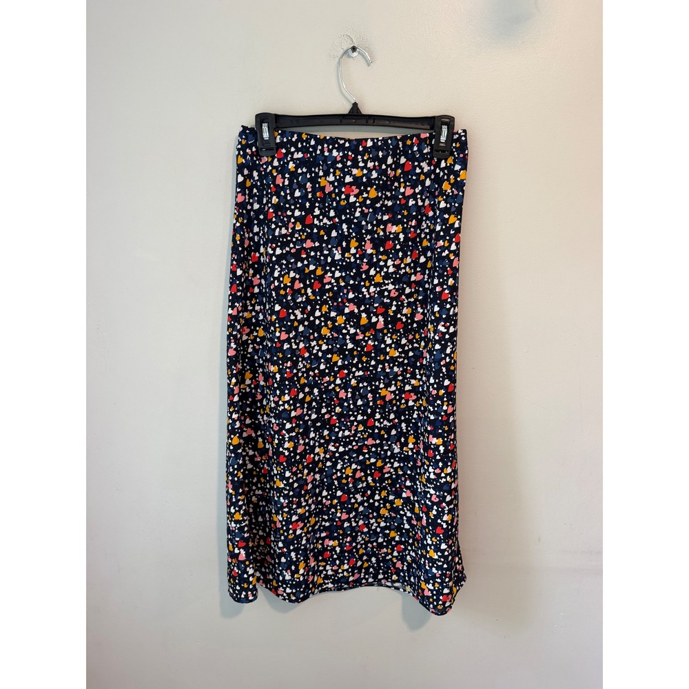 LOFT Navy Blue Heart Print Midi Skirt Womens Small Elastic Waist Pull On Casual